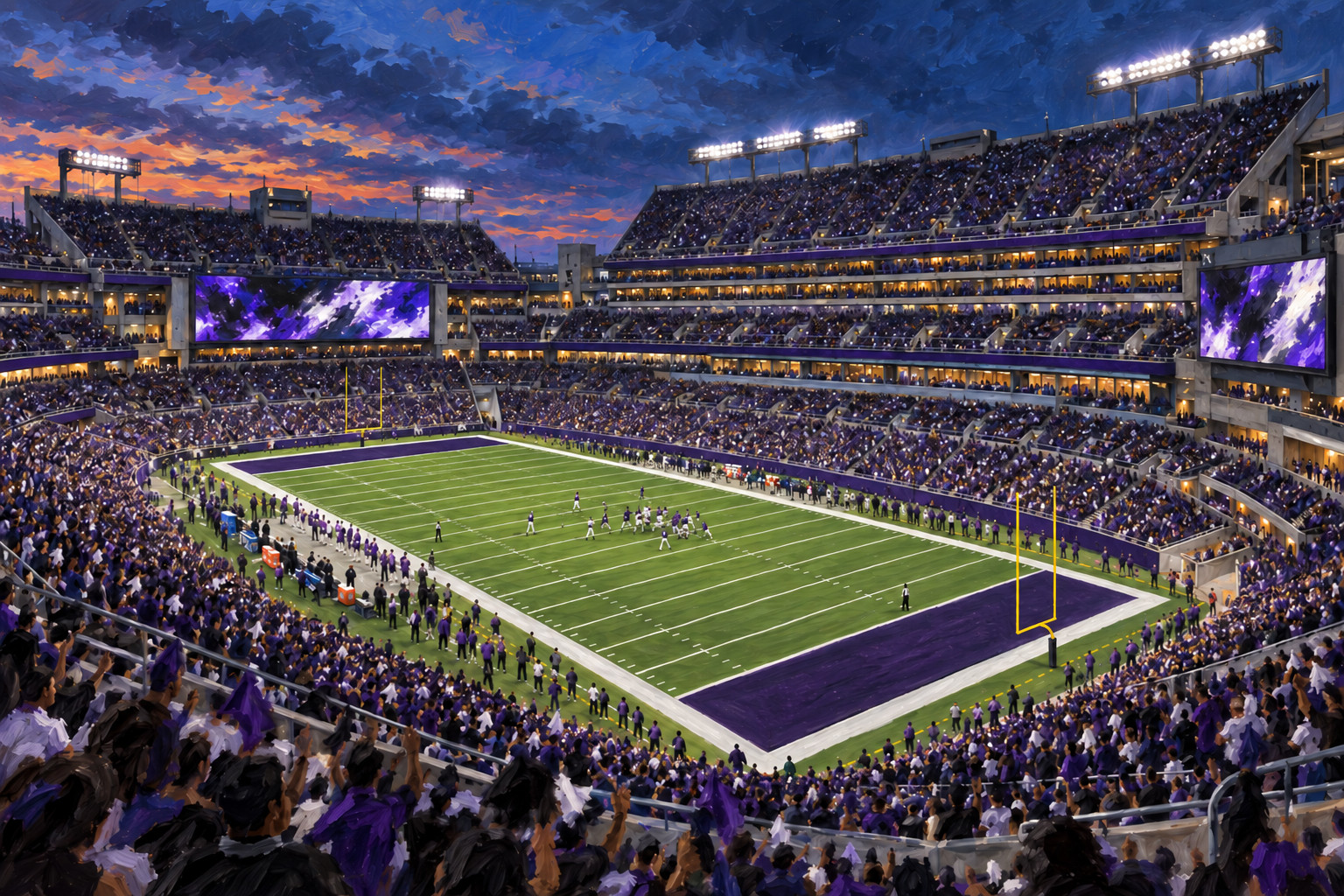 Oil painting of M&T Bank Stadium in Baltimore during a football game day