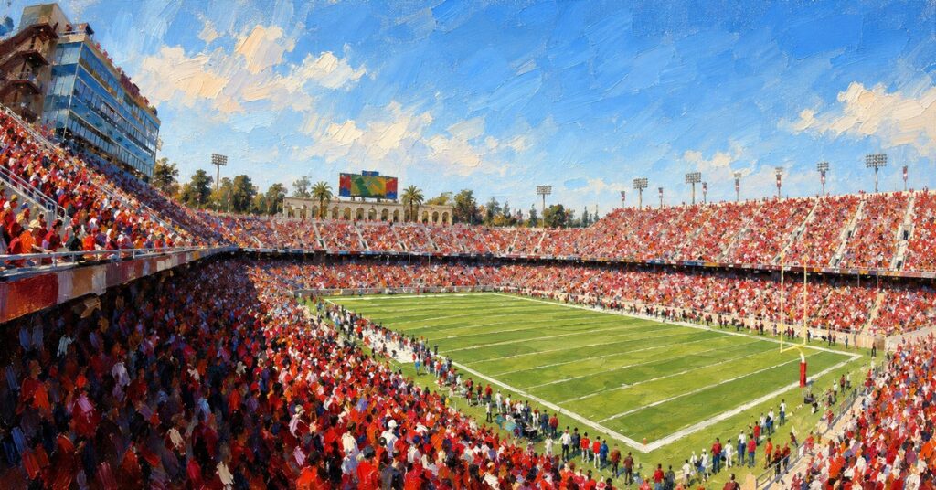 Editorial oil painting of Stanford Stadium in Stanford, with abstracted spectators and unbranded venue details.