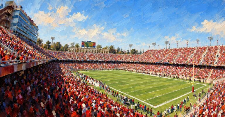 Editorial oil painting of Stanford Stadium in Stanford, with abstracted spectators and unbranded venue details.