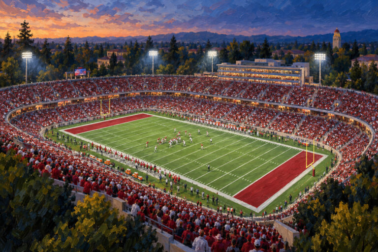 Oil painting of Stanford Stadium on game day