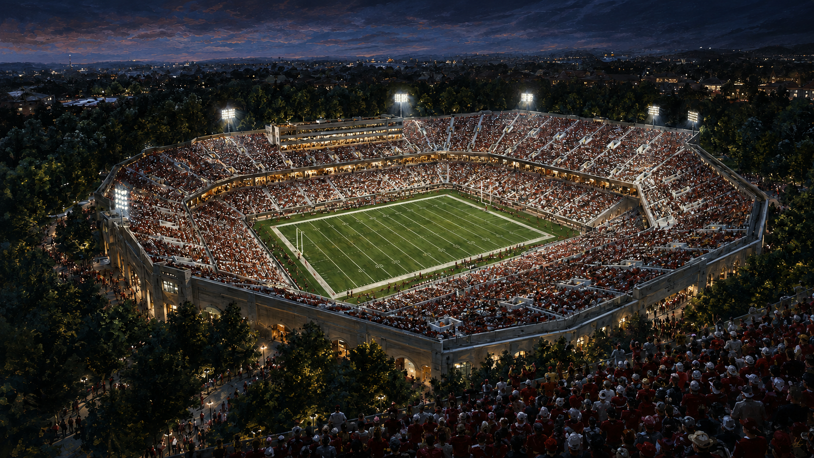 Painterly blue-hour view of Stanford Stadium, with a cardinal-red-and-white crowd and illuminated football field