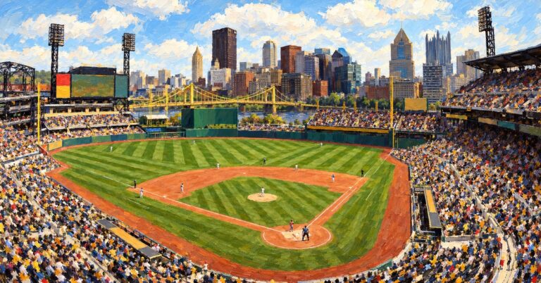 Editorial oil painting of PNC Park in Pittsburgh, with abstracted spectators and unbranded venue details.