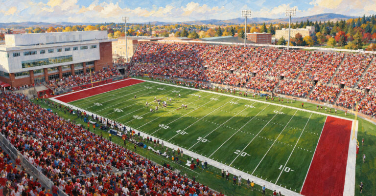 Editorial oil painting of Martin Stadium in Pullman, with anonymous figures and unmarked surfaces.