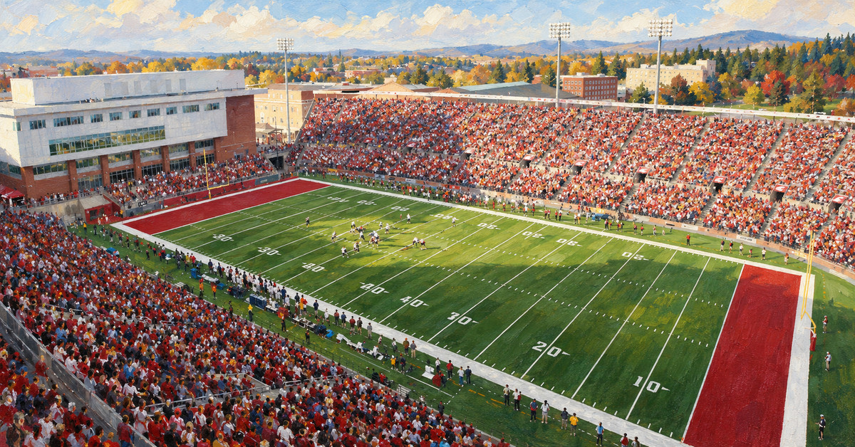 Editorial oil painting of Martin Stadium in Pullman, with anonymous figures and unmarked surfaces.