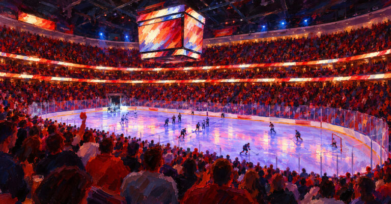 Editorial oil painting of Honda Center in Anaheim, with anonymous figures and unmarked surfaces.
