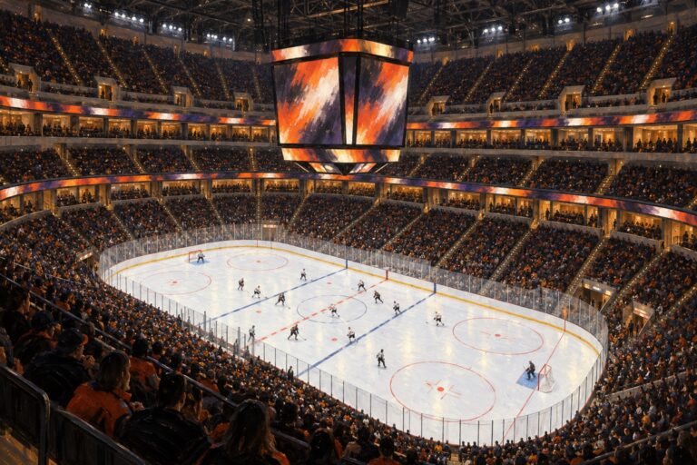 Illustrated interior of Honda Center in Anaheim during a professional ice hockey game