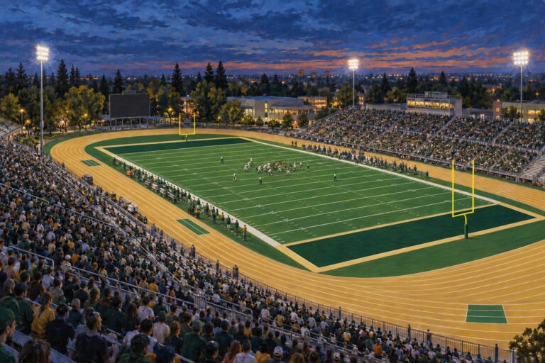 Editorial oil painting of Hornet Stadium in Sacramento at blue hour, with its green football field, gold running track, utilitarian grandstands, and wooded campus setting.