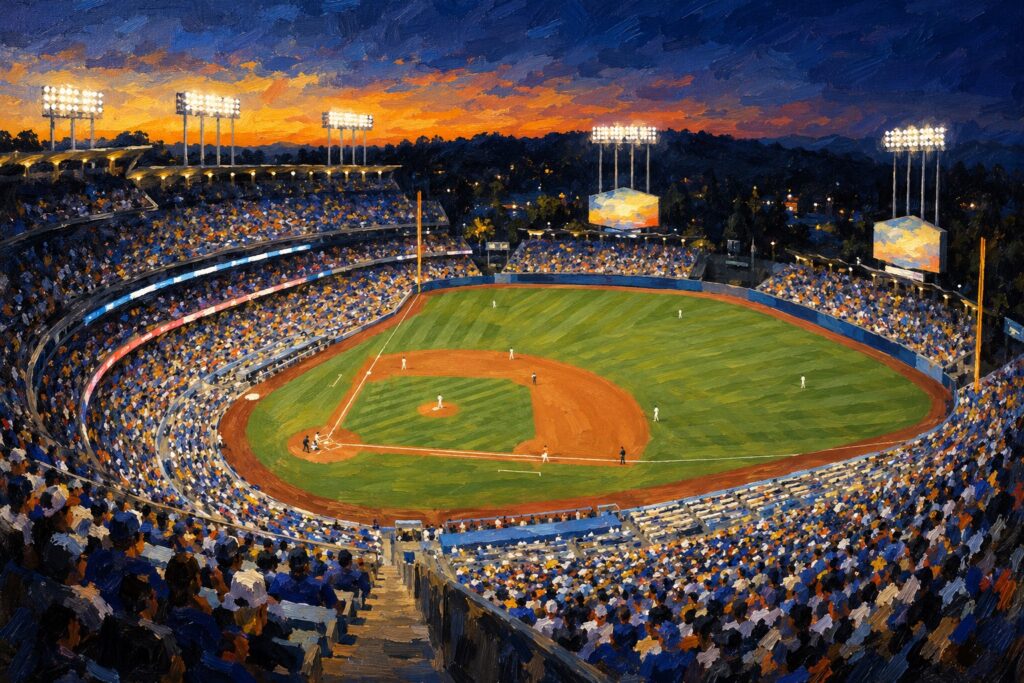 Oil painting of Dodger Stadium on baseball game day