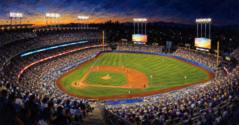 Editorial oil painting of Dodger Stadium in Los Angeles, with anonymous figures and unmarked surfaces.