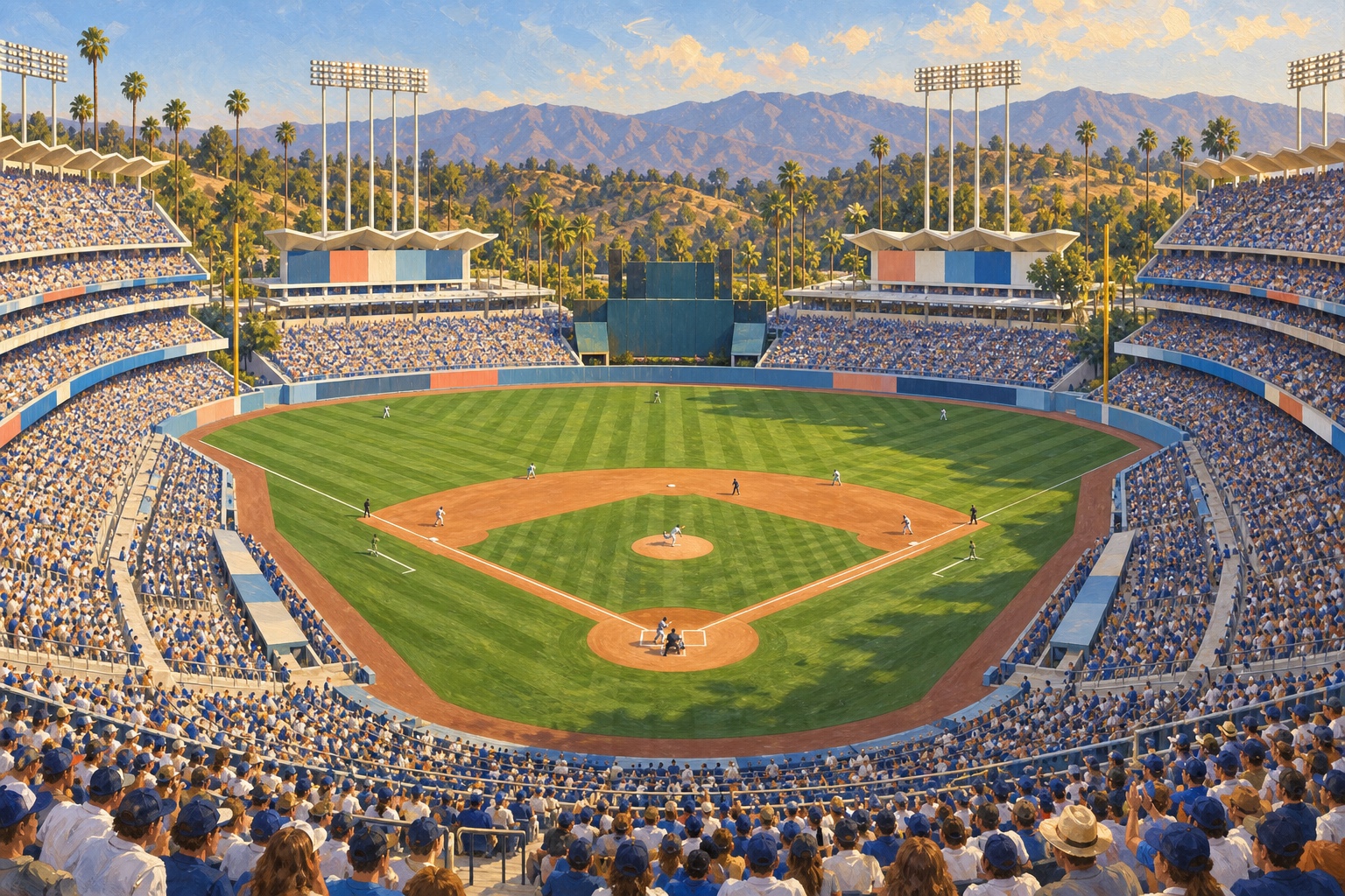 Oil painting of Dodger Stadium on baseball game day