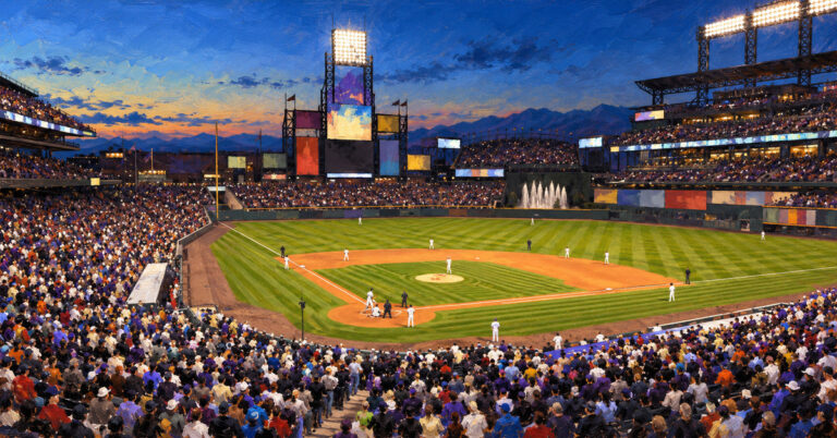 Editorial oil painting of Coors Field in Denver, with anonymous figures and unmarked surfaces.
