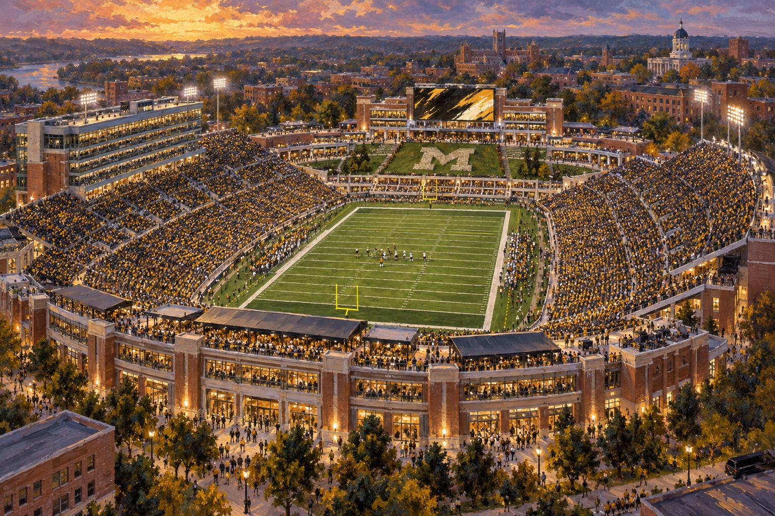 Oil painting of Memorial Stadium and Faurot Field in Columbia with the completed north end and Rock M Hill