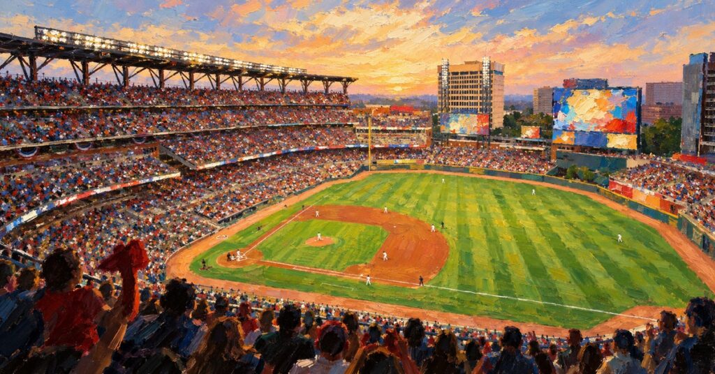 Editorial oil painting of the stadium interior in Atlanta