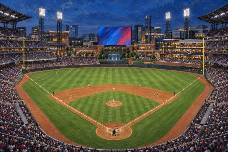 Editorial oil painting of Truist Park in Atlanta at blue hour, viewed from behind home plate.