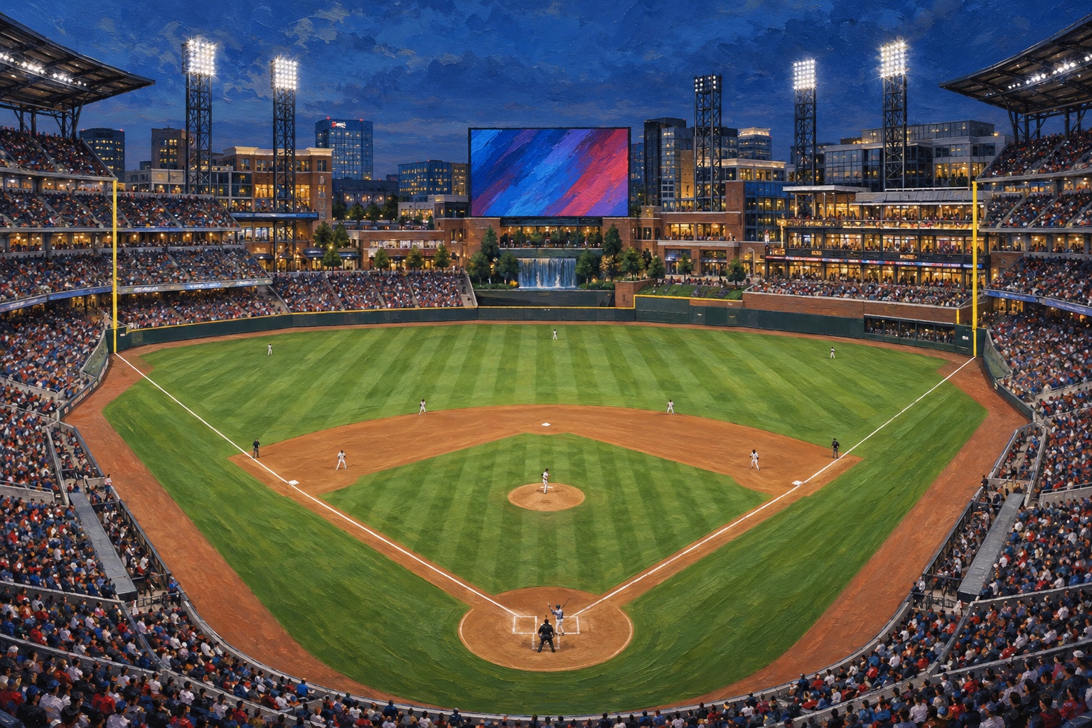 Editorial oil painting of Truist Park in Atlanta at blue hour, viewed from behind home plate.