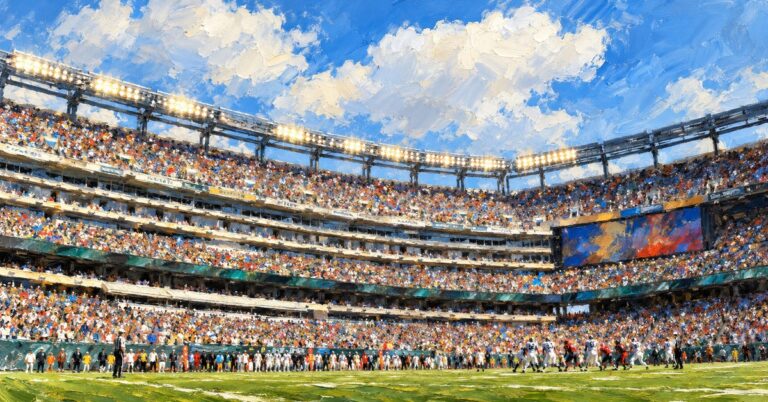 Editorial oil painting of the stadium interior in East Rutherford