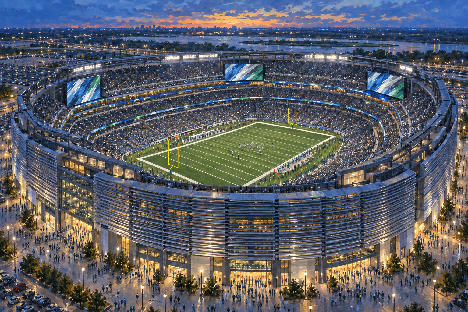Oil painting of MetLife Stadium in East Rutherford during a football game day