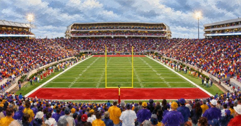 Editorial oil painting of Vaught-Hemingway Stadium in Oxford, with abstract figures and unmarked surfaces.