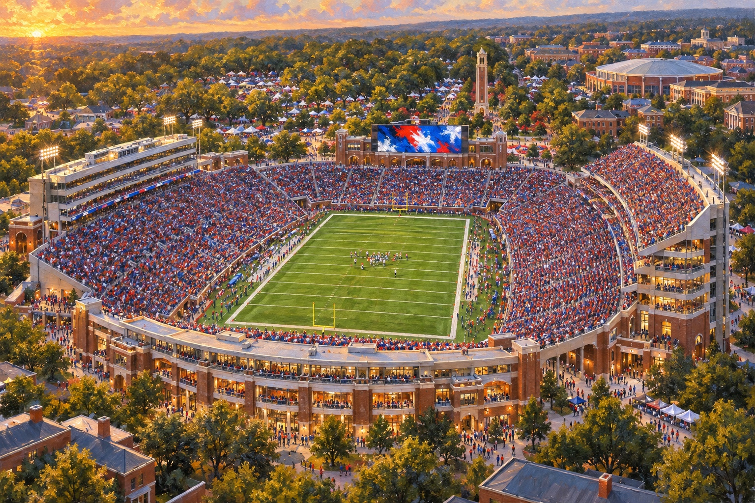 Oil painting of Vaught-Hemingway Stadium in Oxford during a packed Ole Miss football game beside The Grove