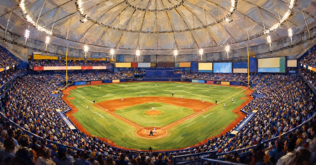 Editorial oil painting of Tropicana Field in St. Petersburg, with abstract figures and unmarked surfaces.