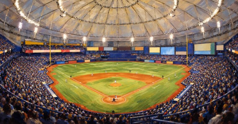 Editorial oil painting of Tropicana Field in St. Petersburg, with abstract figures and unmarked surfaces.