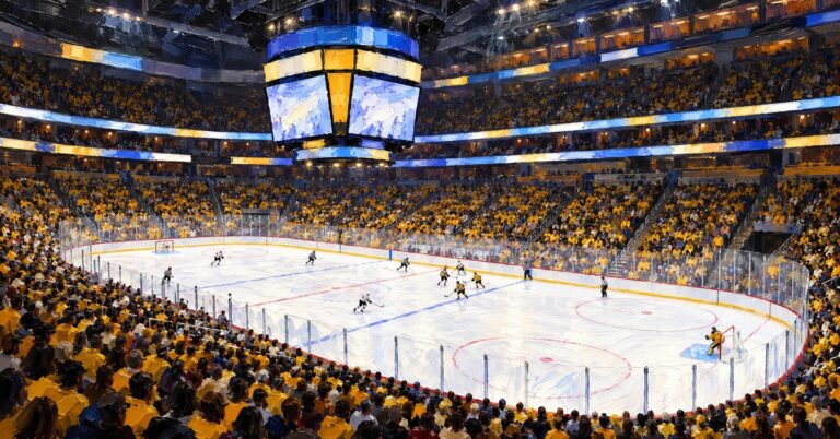 Editorial oil painting of PPG Paints Arena in Pittsburgh, with abstract figures and unmarked surfaces.