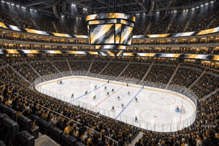 Illustrated interior of PPG Paints Arena in Pittsburgh during a professional ice hockey game