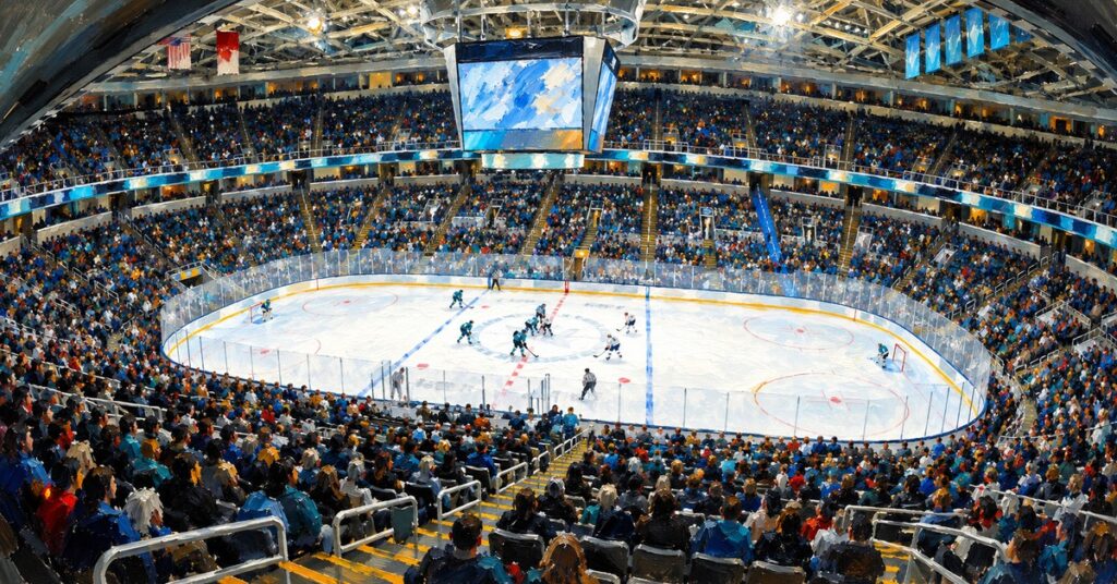 Editorial oil painting of SAP Center at San Jose in San Jose, with abstract figures and unmarked surfaces.