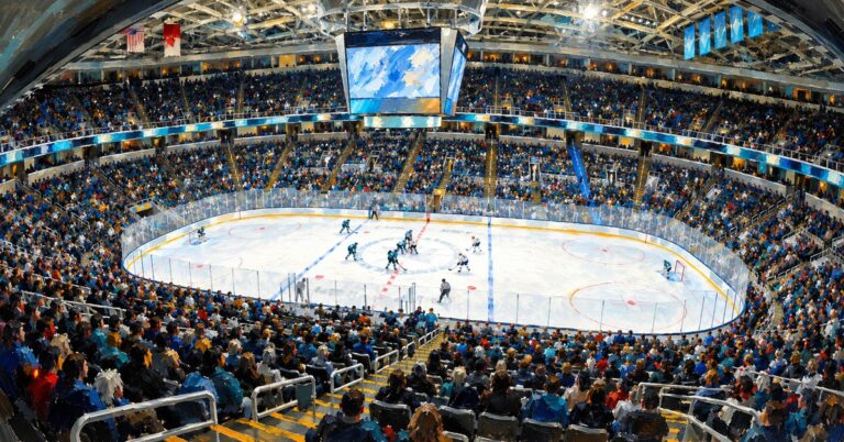 Editorial oil painting of SAP Center at San Jose in San Jose, with abstract figures and unmarked surfaces.