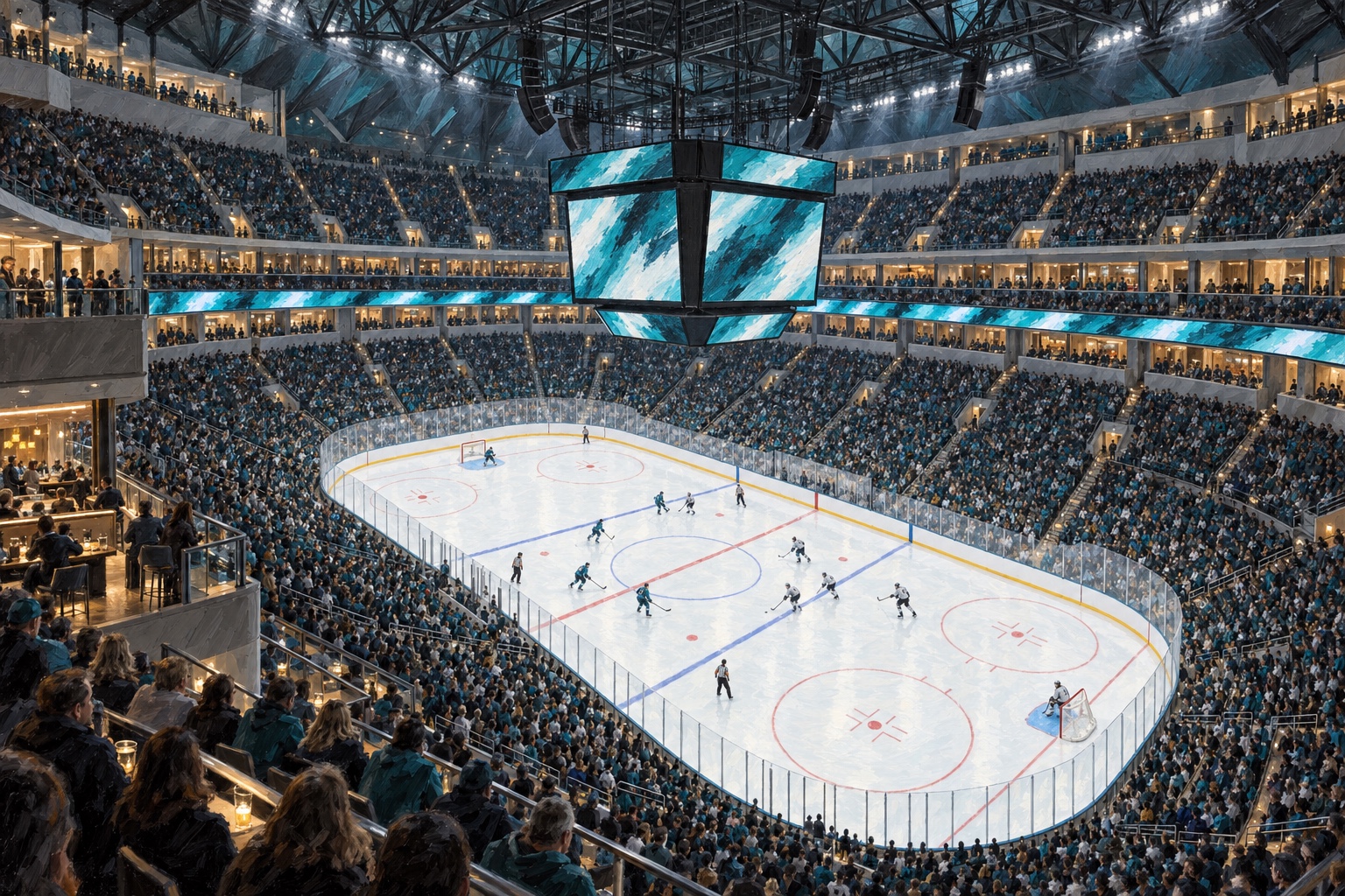 Illustrated interior of SAP Center at San Jose during a professional ice hockey game
