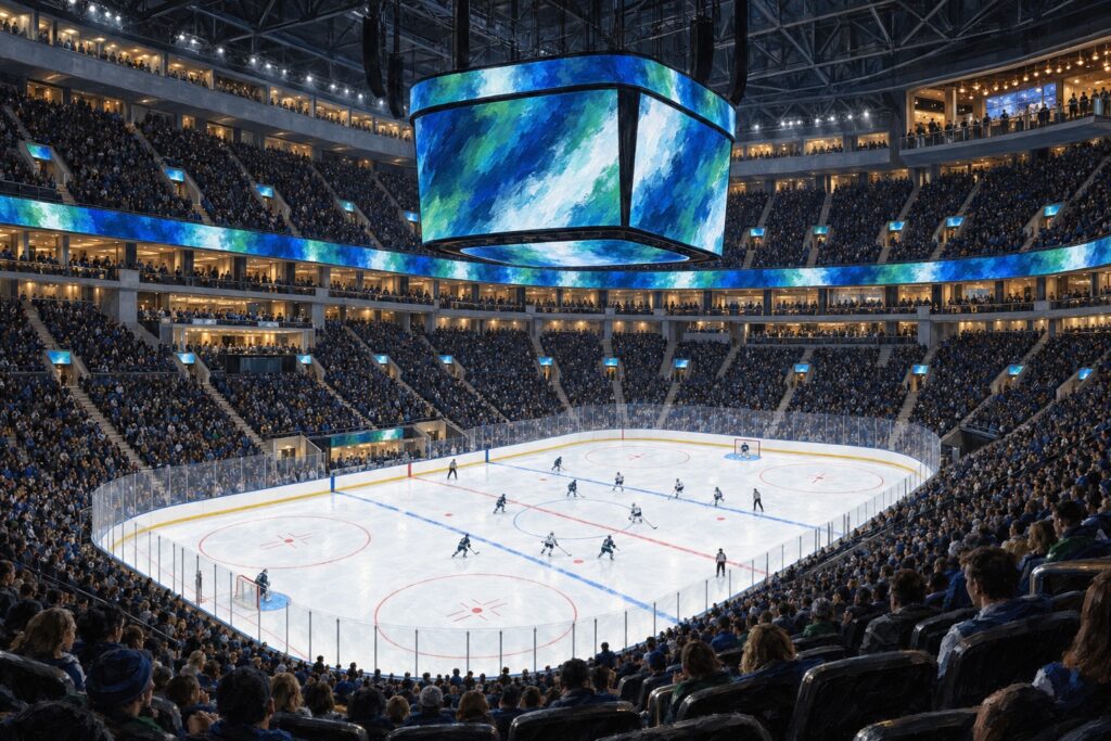 Illustrated interior of Rogers Arena in Vancouver during a professional ice hockey game