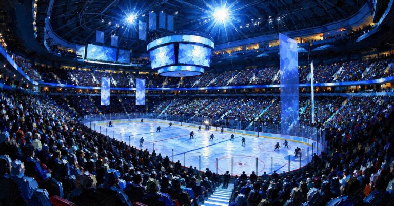 Editorial oil painting of Rogers Arena in Vancouver, with abstract figures and unmarked surfaces.
