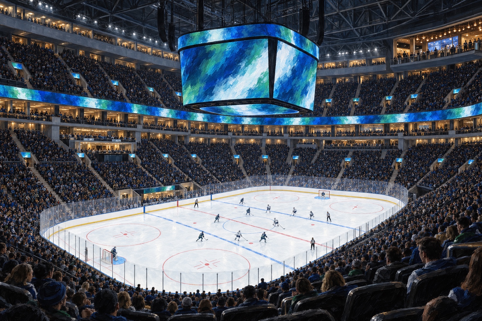 Illustrated interior of Rogers Arena in Vancouver during a professional ice hockey game