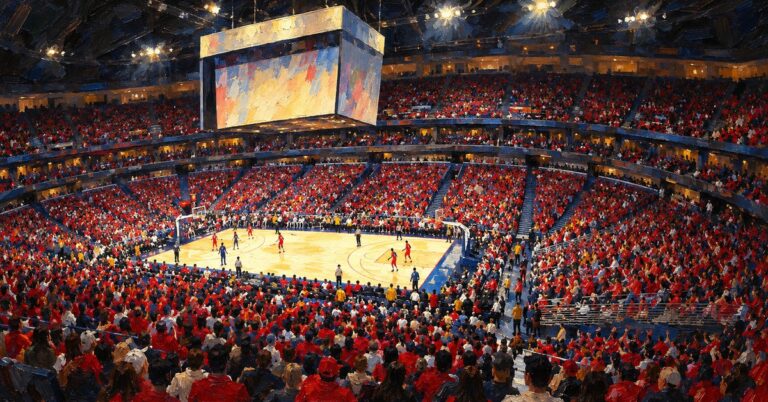 Editorial oil painting of Smoothie King Center in New Orleans, with abstract figures and unmarked surfaces.