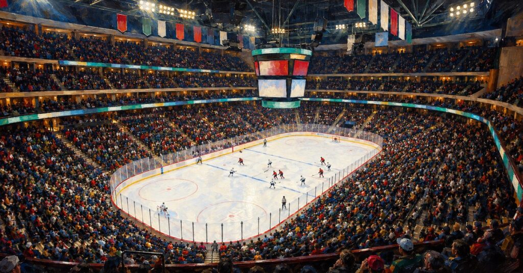 Editorial oil painting of Xcel Energy Center in Saint Paul, with abstract figures and unmarked surfaces.