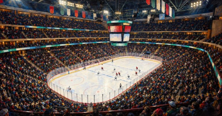 Editorial oil painting of Xcel Energy Center in Saint Paul, with abstract figures and unmarked surfaces.