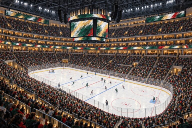 Illustrated interior of the Saint Paul hockey arena during a professional ice hockey playoff game