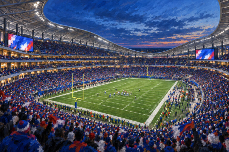 Oil painting of the new Highmark Stadium in Orchard Park during a football game day