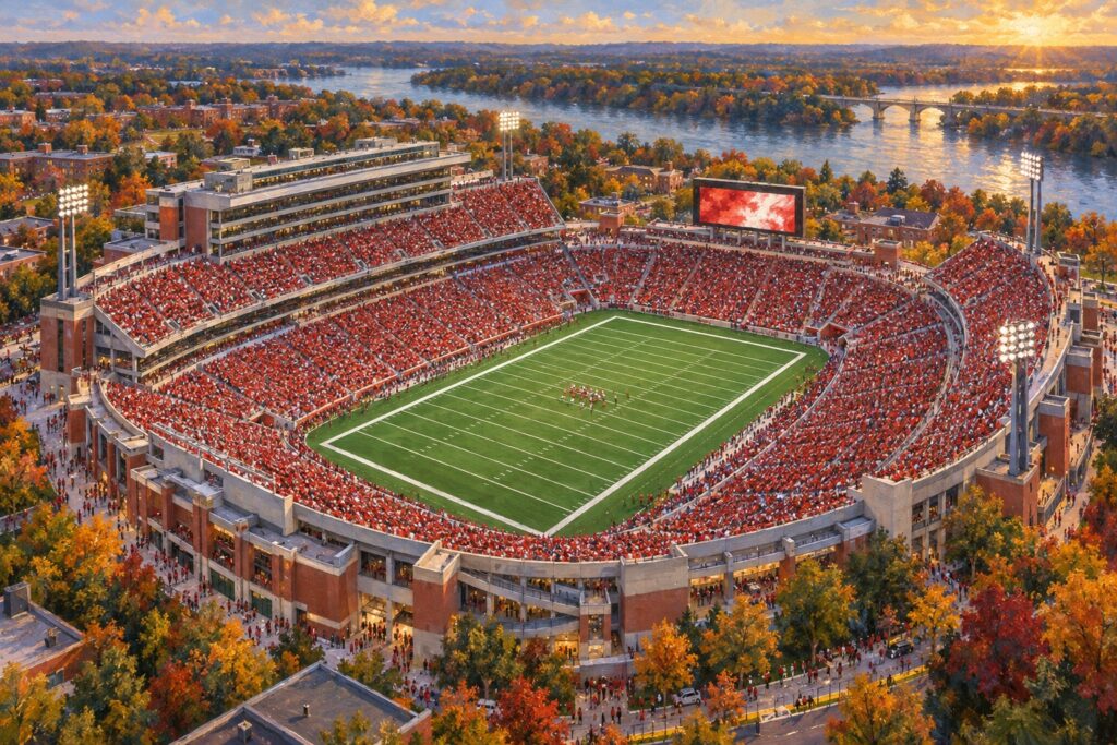 Oil painting of SHI Stadium in Piscataway during a Rutgers college football game