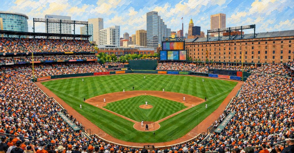 Editorial oil painting of Oriole Park at Camden Yards in Baltimore, with abstract figures and unmarked surfaces.