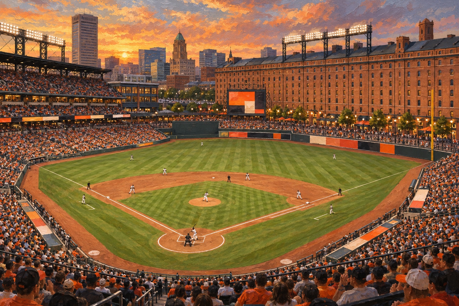 Oil painting of Oriole Park at Camden Yards on baseball game day