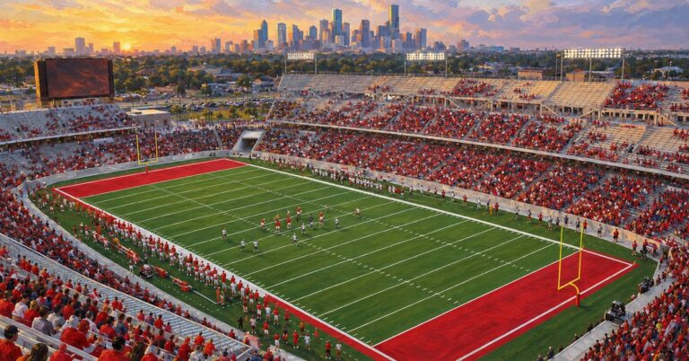 Editorial oil painting of TDECU Stadium in Houston, with abstract figures and unmarked surfaces.