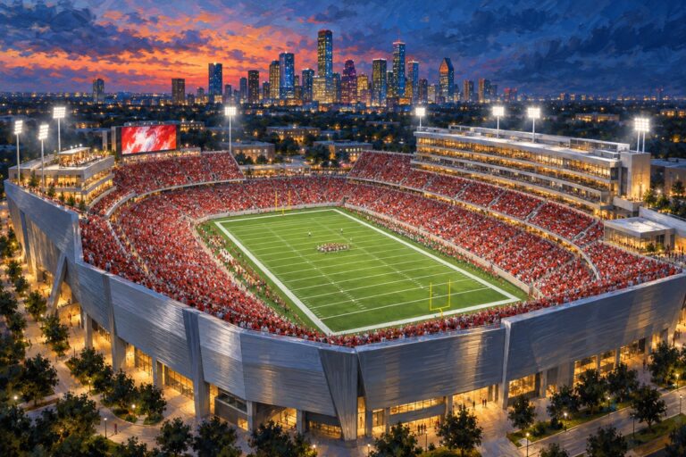 Painterly aerial view of a packed night football game at TDECU Stadium with the Houston skyline beyond