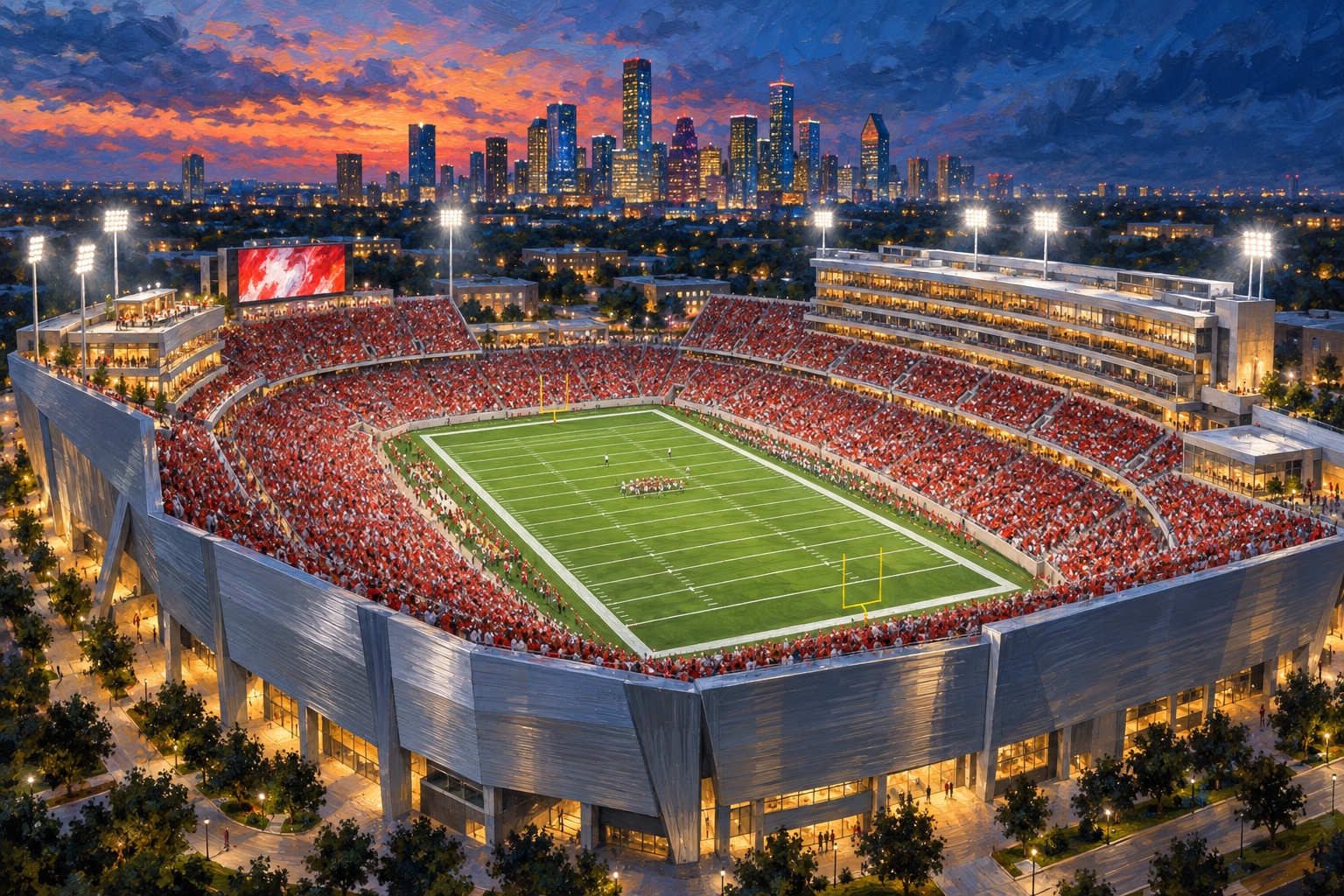 Painterly aerial view of a packed night football game at TDECU Stadium with the Houston skyline beyond