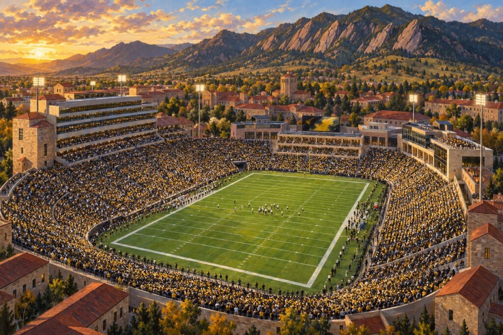 Painterly aerial view of a packed football game at Folsom Field beneath the Flatirons in Boulder