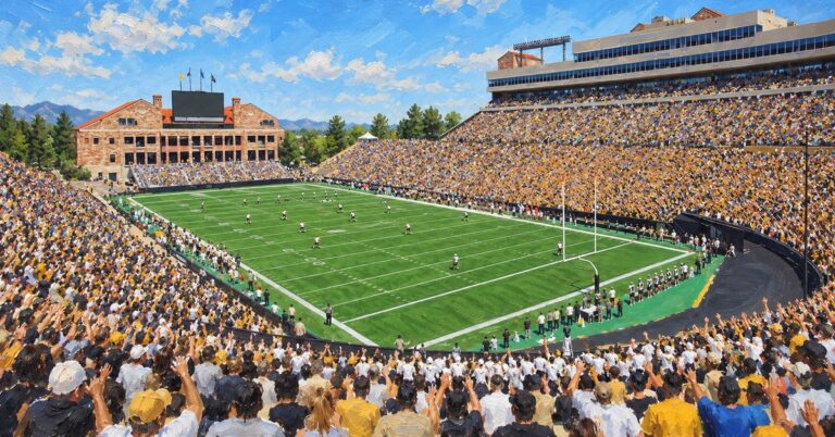 Editorial oil painting of Folsom Field in Boulder, with abstract figures and unmarked surfaces.