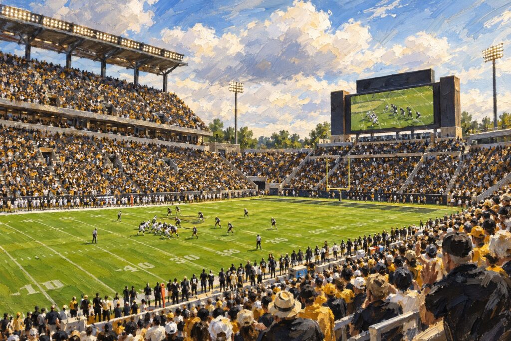 Refined editorial oil painting of a sports venue