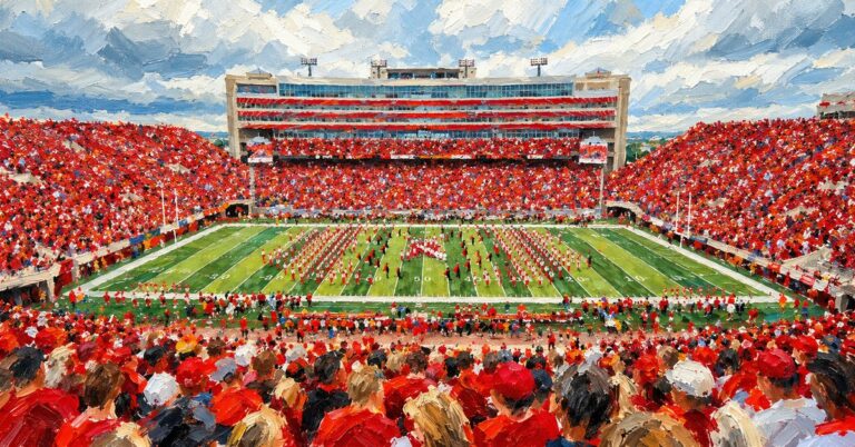 Editorial oil painting of Memorial Stadium in Lincoln