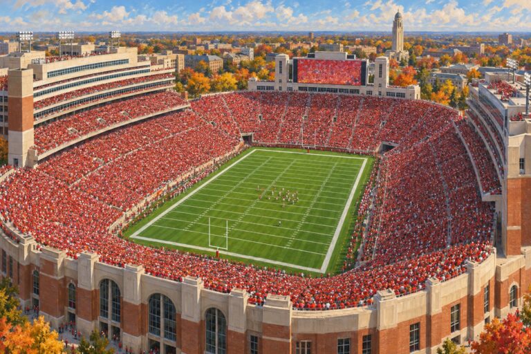 Oil painting of Memorial Stadium in Lincoln during a Nebraska college football game