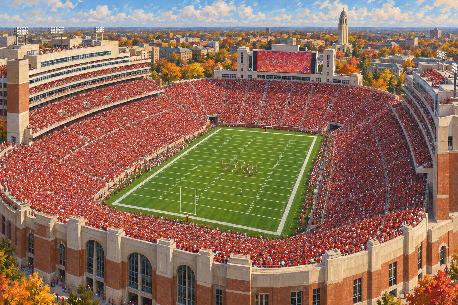 Oil painting of Memorial Stadium in Lincoln during a Nebraska college football game